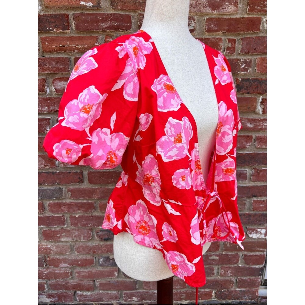 Old Navy Petite Pink Red Floral Top Puff Sleeve Peplum Blouse M
